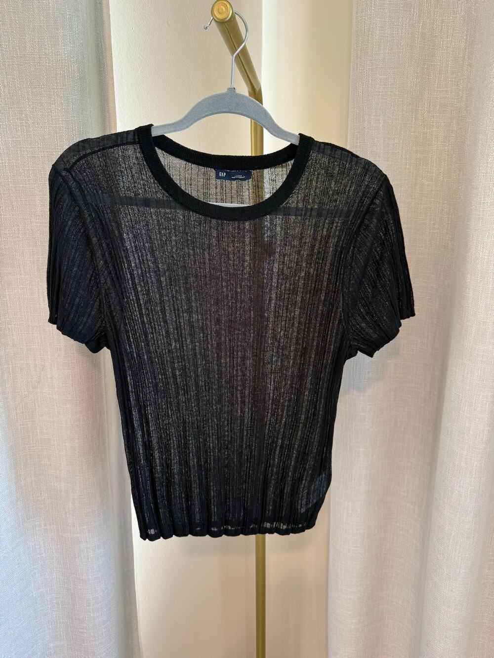 GAP Sweater T-Shirt Women's Large Black Sheer Ribbed Short Sleeve Crew Neck